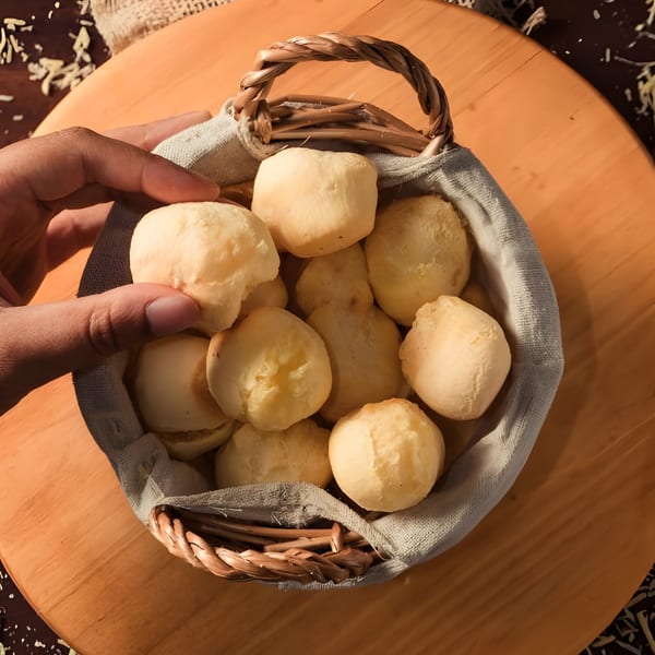 A hand reaching into a woven basket filled with golden-brown Brazilian cheese bread (pão de queijo).