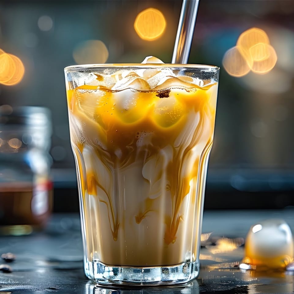 Iced Cafezinho with milk and caramel swirls, a metal straw, and bokeh lights in the background.