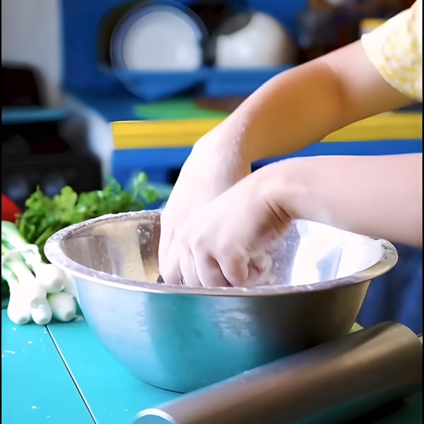 Hands kneading dough in a metal bowl on a blue counter with green onions and herbs.