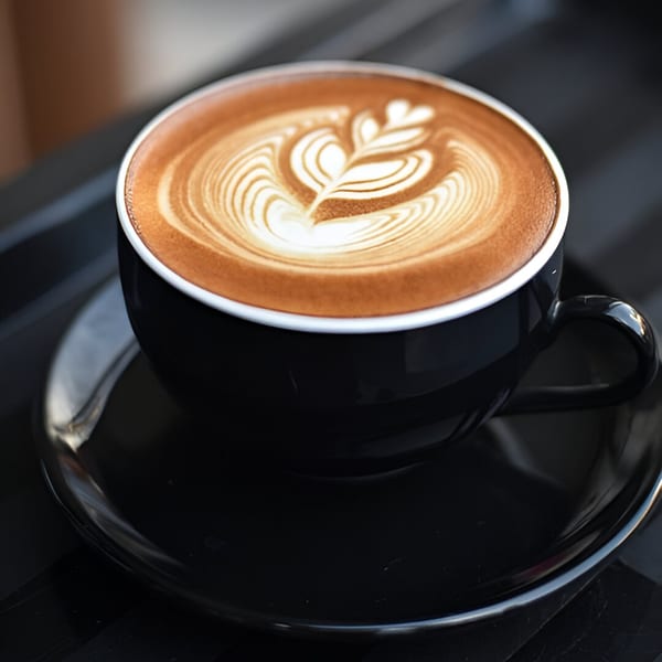 A Cafezinho latte with intricate leaf art in a black cup and saucer at Main Street Cafe.